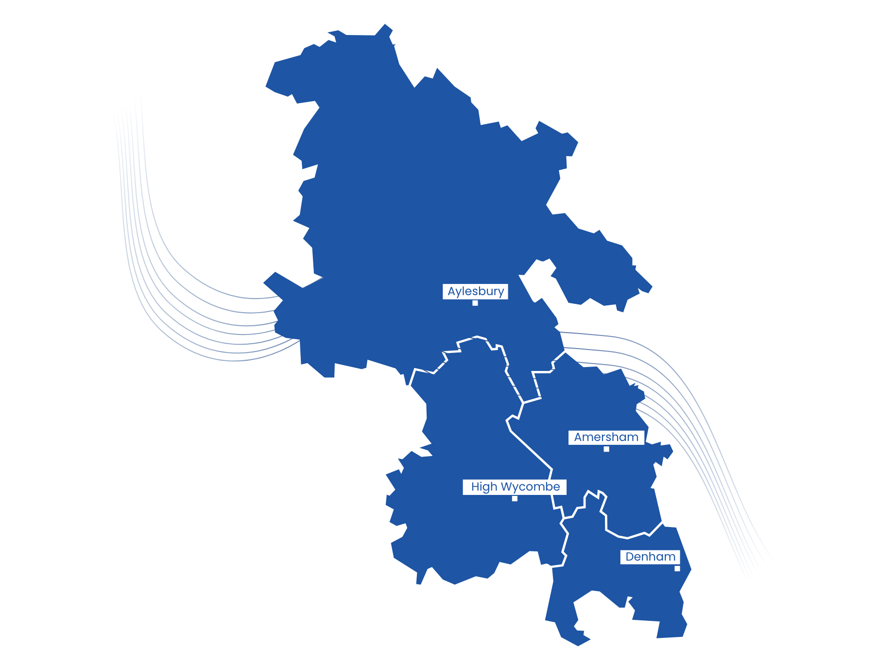 Buckinghamshire Home counties Map of Buckinghamshire, featuring Beaconsfield, High Wycombe, Denham and Amersham.