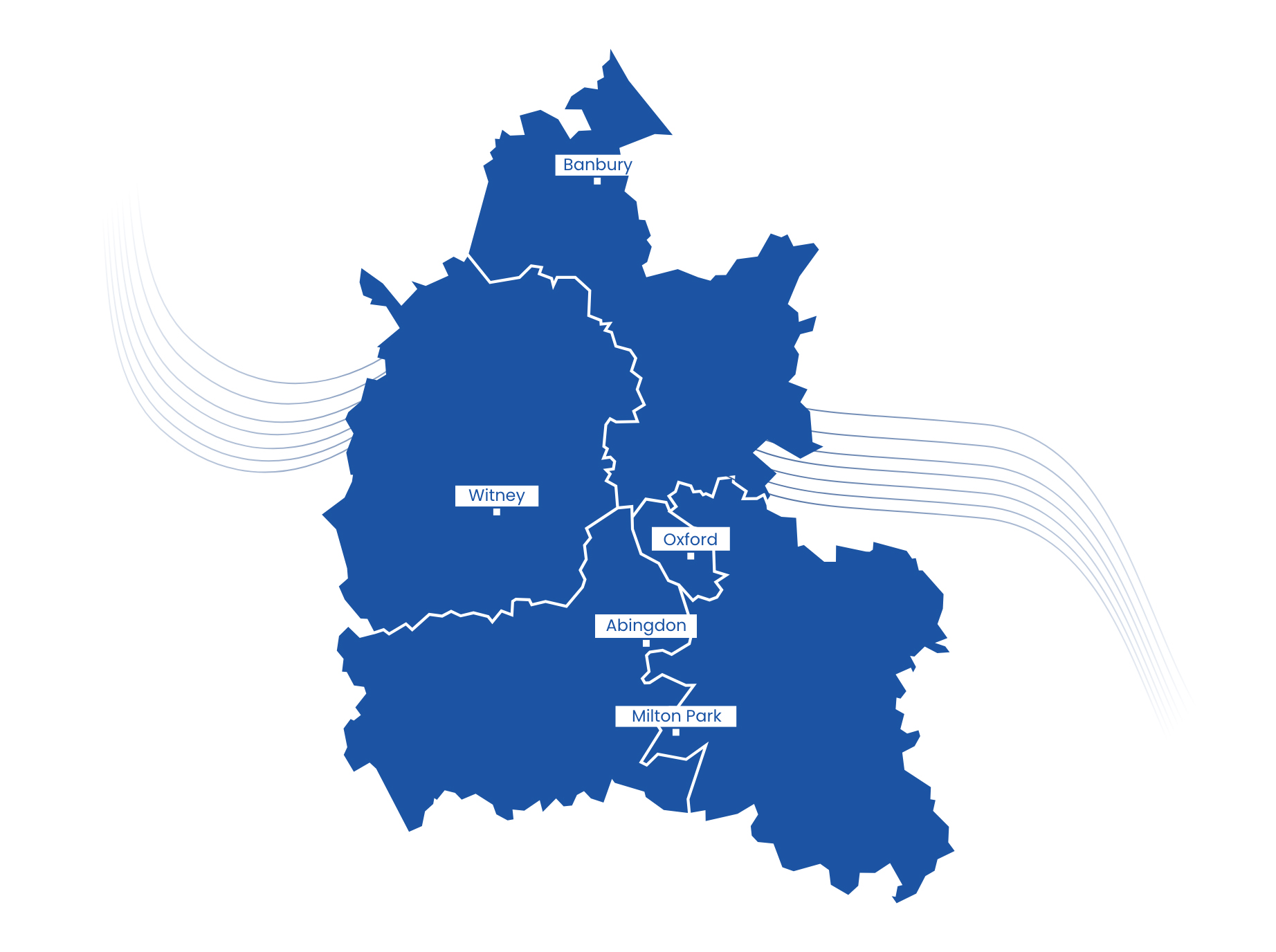 Map of Oxfordshire, featuring Oxford, Witney, Abingdon, Milton Park and Banbury.