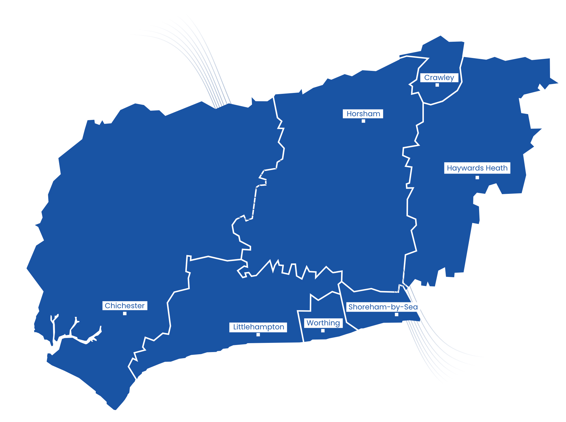 Map of West Sussex, featuring Horsham, Crawley, Haywards Heath, Littlehampton, Shoreham by Sea and Worthing.